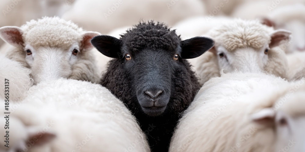 Fototapeta premium A black sheep nestled closely among white sheep, showing harmony in diversity and inclusion.
