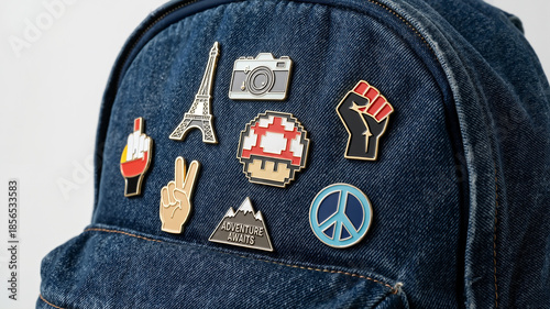 Stylish denim backpack adorned with a vibrant collection of enamel pins, set against a clean white background.
