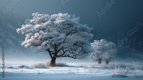 Snow-covered deciduous trees with frost-laden branches in a winter landscape under a cloudy sky