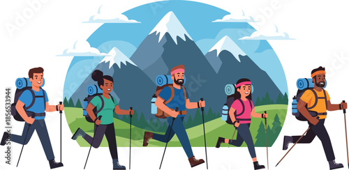 Group of hikers trekking in mountain landscape, wearing backpacks, enjoying nature, scenic outdoor adventure, perfect for travel, tourism, hiking vector illustration