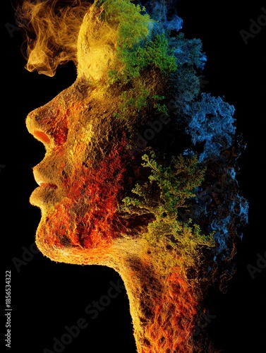 Female character shaped from glowing artistic fragments, marvellous spa palette, daunting environmental swirls symbolizing lineage and memory .