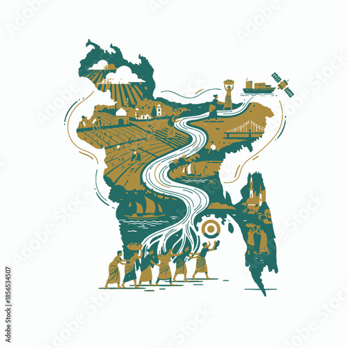 Bangladesh Map Vector Illustration Featuring Cultural Heritage Industrial Progress Agriculture Shipping Digital Technology and Traditional Lifestyle Icons for Infographic and Editorial Design