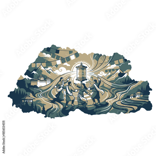 Bhutan Map Silhouette with Traditional Culture Elements Himalayan Mountains Prayer Flags People in Folk Dress and Buddhist Prayer Wheel Vector Illustration