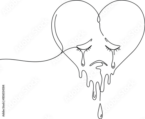 Minimalist continuous line art drawing depicting a melting heart with closed eyes shedding tears symbolizing profound sadness heartbreak and emotional distress