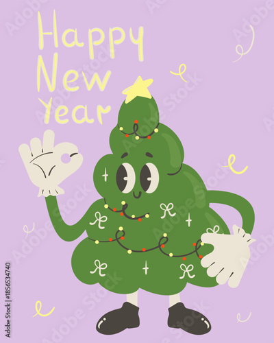 Happy New Year tree mascot poster. Childish style greeting card. Vector illustration.