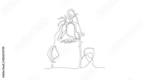 Minimalist continuous line drawing depicts a single wilted rose drooping its head sadly on a white background suggesting loss or fading beauty.