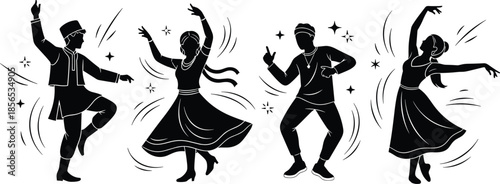 Traditional dance silhouette, cultural dancers, modern choreography, folk costumes, expressive movement, diverse styles, festive rhythm, ethnic attire, graceful pose, vector illustration, celebration
