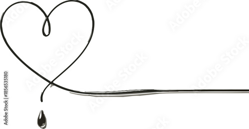 Minimalist black wire art forming a delicate heart shape with a single glistening drop suspended below on a plain white surface background