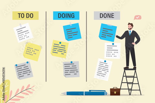 Businessman uses various note stickers. To do list, in progress task and finished one, effective project management or planning of work and business. Manage your tasks,