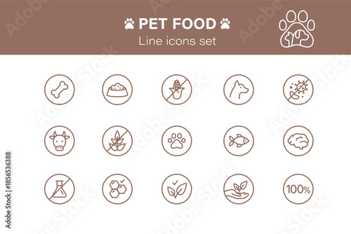 Pet food, set of line icons. Veterinary, dog and cat care. Pet linear icons. Natural nutritional supplements and vitamins in pet food. Healthcare, healthy animals pictograms.