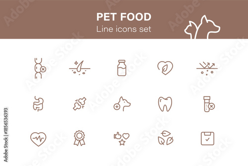 Pet food, set of line icons. Veterinary, dog and cat care. Pet linear icons. High quality nutritional supplements and vitamins in pet food. Animal healthcare pictograms.