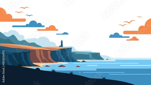 Serene Coastal Landscape with Lighthouse Under a Cloudy Sky