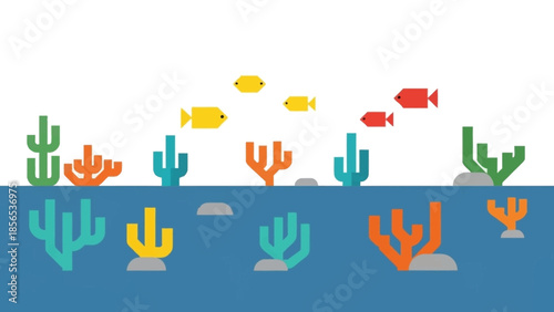 Vibrant underwater coral reef teeming with colorful fish, creating a lively marine ecosystem and beautiful aquatic scenery