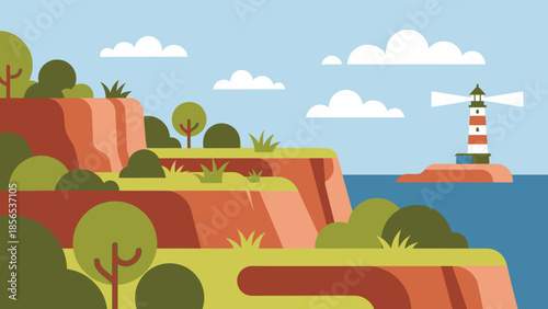 Coastal Cliffside View with Lighthouse and Sea Serene Landscape Illustration