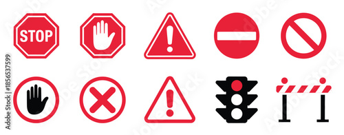 Red warning and prohibition icon set, stop signs, danger, no entry, hand, barrier, and traffic light symbols, flat vector graphics for safety,