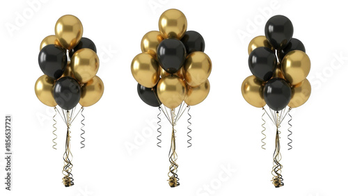 Three balloon bunches black and gold - isolated on transparent background