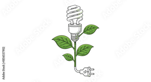 Eco energy concept illustration featuring a green plant stem growing from a power plug into an efficient light bulb.