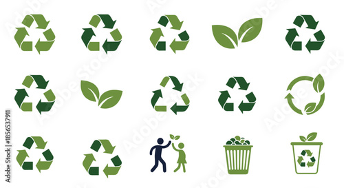 Collection of green environmental icons including recycling symbols, leaves, and sustainability graphics for eco-friendly branding.