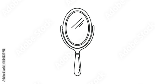 Simple line art illustration of an oval-shaped hand mirror with a handle used for grooming, beauty, and vanity applications.