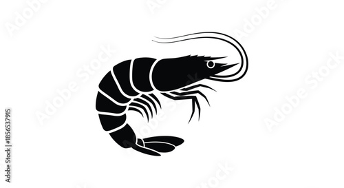 Detailed black shrimp silhouette showing its segmented body, legs, and long antennae against a plain white background.
