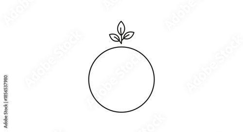 Round circle logo with small leaves growing on top represented in clean black line art style for eco friendly or nature branding.