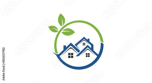 Professional real estate logo design featuring three houses with green leaves enclosed in a circular frame for eco friendly housing.