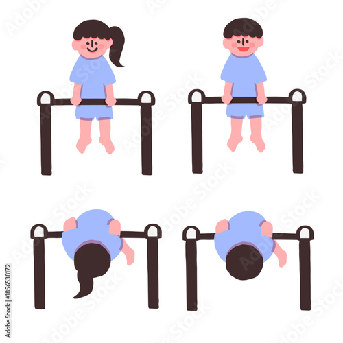 鉄棒で前回りをしている男女子どものイラストセット