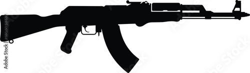 Black assault rifle silhouette, military firearm weapon icon, AK style gun vector illustration isolated on white background studio graphic design