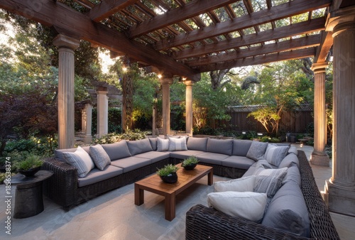 Outdoor lounge area with pergola and comfortable seating arrangement