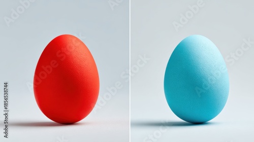 Minimalist composition with a red and blue  egg on a neutral backgr