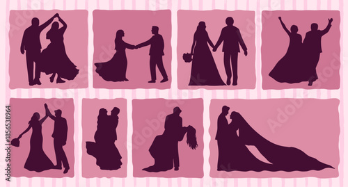 wedding couple silhouette vector illustration set with decoration background collection set