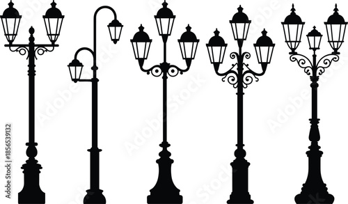 Classic street lamp silhouette set, vintage outdoor lantern posts, ornate urban lighting designs, retro city elements, elegant black vector illustration