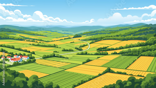Serene vector illustration of a landscape with fields, trees, and a house in the distance, showcasing a vibrant countryside scene from an aerial viewpoint