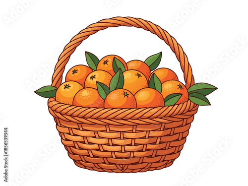 Vector illustration of a wicker basket filled with oranges and leaves, viewed from the front