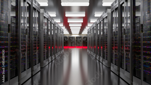 Server. Server data center. Backup, mining, hosting, mainframe, farm and computer rack with storage information. 3d rendering