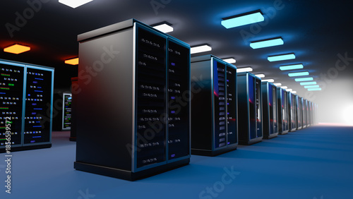 Server. Server data center. Backup, mining, hosting, mainframe, farm and computer rack with storage information. 3d rendering