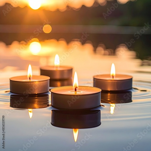 Candles afloat on water reflect the sunset's warm golden light