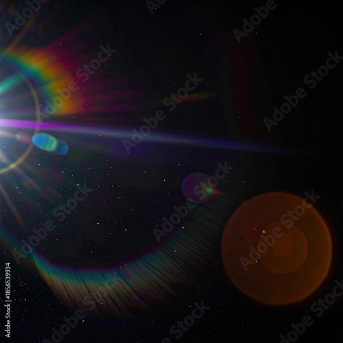 Bright light bursts with rainbow hues against a dark, speckled background