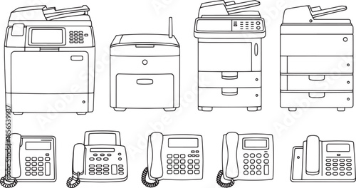 Line art collection of office fax machines and telephones office equipment communication