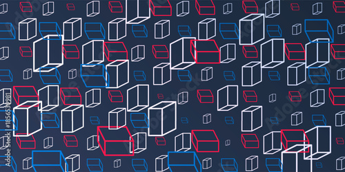 A vibrant abstract pattern of layers of repeating 3D cubes in purple, grey and blue placed on a dark blue background. The bold geometric design and contrasting colors create a striking modern visual.