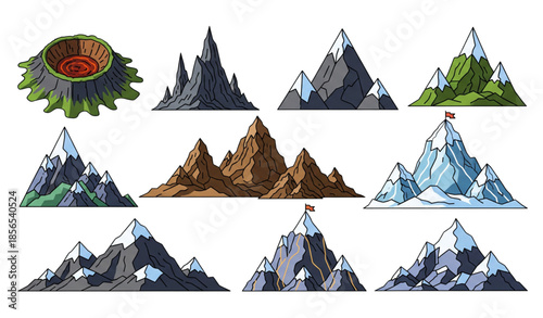 Mountain ridges and peaks vector illustration with volcano craters and snowy cliffs isolated on white background