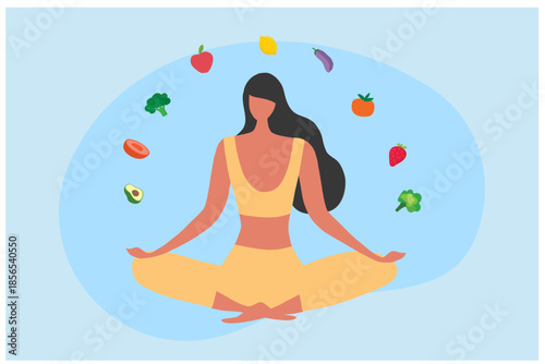 Healthy diet plan, woman eat healthy food and planning diet with fruit and vegetable vector	