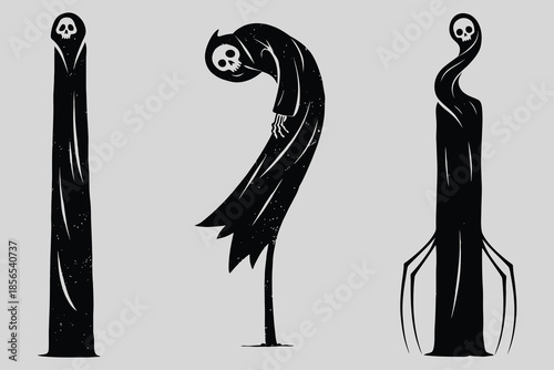 Set of Three Stylized Cartoon Grim Reaper Silhouettes