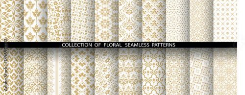 Geometric floral set of seamless patterns. White and golden vector backgrounds. Damask graphic ornaments