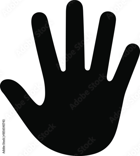 Black hand silhouette icon showing human palm gesture, stop sign symbol isolated on white background, minimal vector illustration, design, collection
