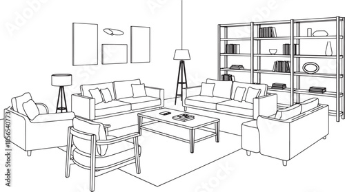 Line art drawing of a modern living room with sofas chairs coffee table and bookshelf interior furniture