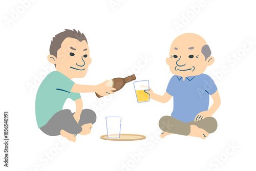 夏にビールを楽しむ男性（中年、高齢者）のイラスト