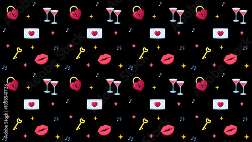 Seamless nightlife romance pattern with icons of cocktails, lips, love letters, keys, padlocks, sparkles, and music notes, ideal for Valentine, passion, party mood,and romantic celebration themes