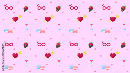 Seamless romantic pattern featuring hearts, strawberries, infinity symbols, cocktails, macarons, and small hearts on a soft pink background, expressing love, sweetness, Valentine celebration themes