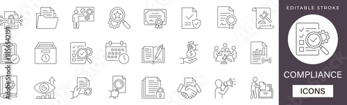 Compliance line icon set highlighting regulatory standards, legal audit, and business policy symbols. Ideal for corporate presentations, app UI, and web design. Fully editable.